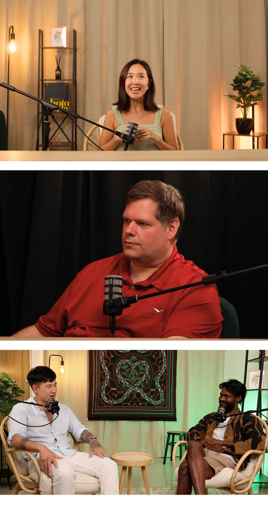 Three podcast recordings from the studio stacked in a collage