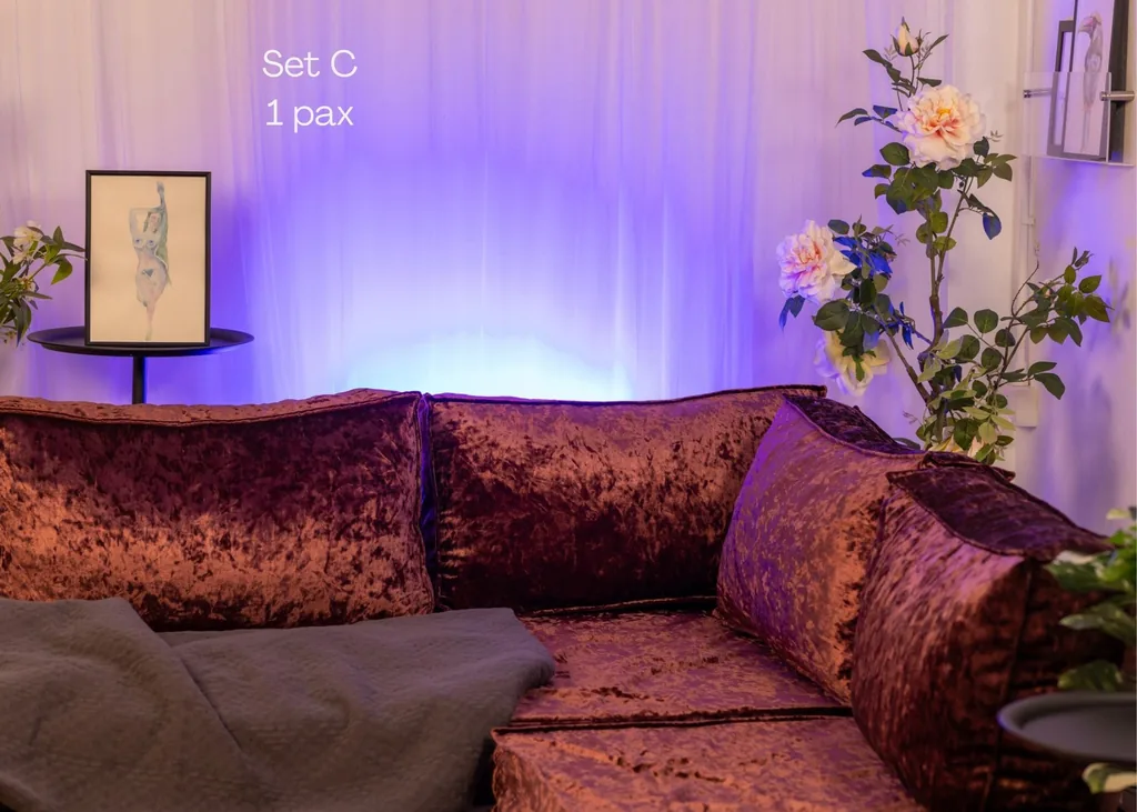Set C velvet sofa under purple light