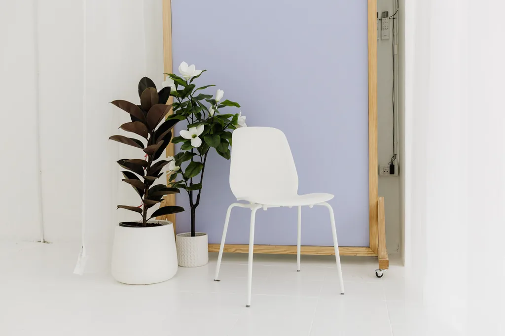 White chair and potted plants in front of the lilac backdrop